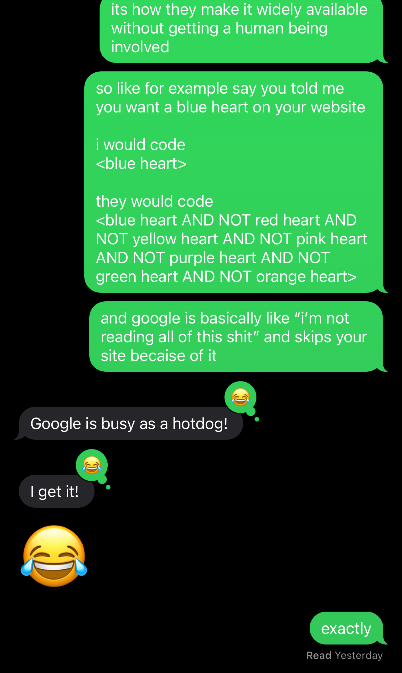A screenshot of a conversation explaining code bloat.